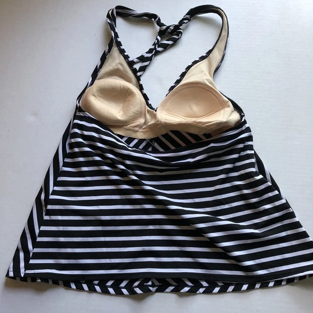 Motherhood Maternity Black White Stripe Halter Tie Swim Tankini Top Sz M A1556